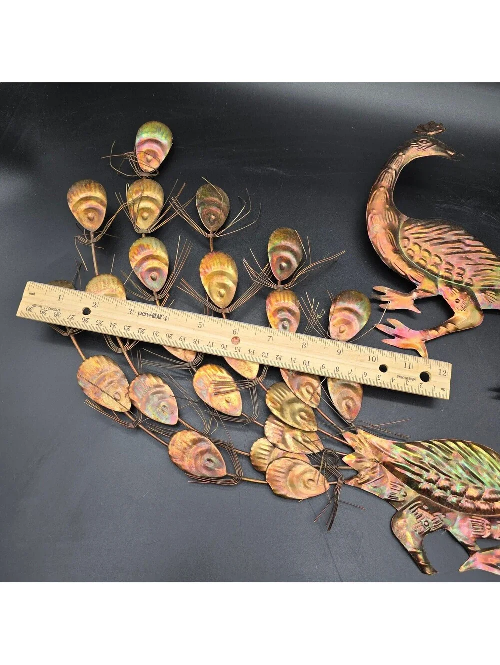 Vintage MCM Metal Peacock Wall Art Pair Flame Cut Finish 1970s